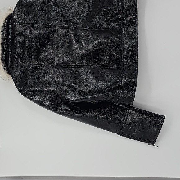 Unreal Fur Wet Look Aviator Black Vegan Leather Women's Jacket - Picture 5 of 9